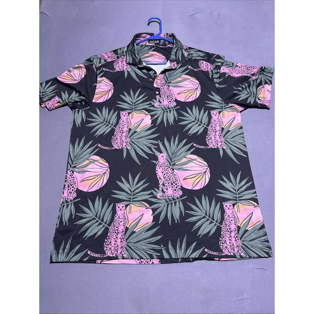 Bad Birdie Shirt Mens XL Black Pink Cheetah Tropical Palm Golf Polo Performance